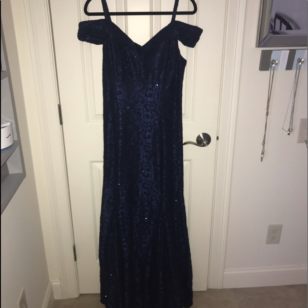 Blue sparkly lace prom dress